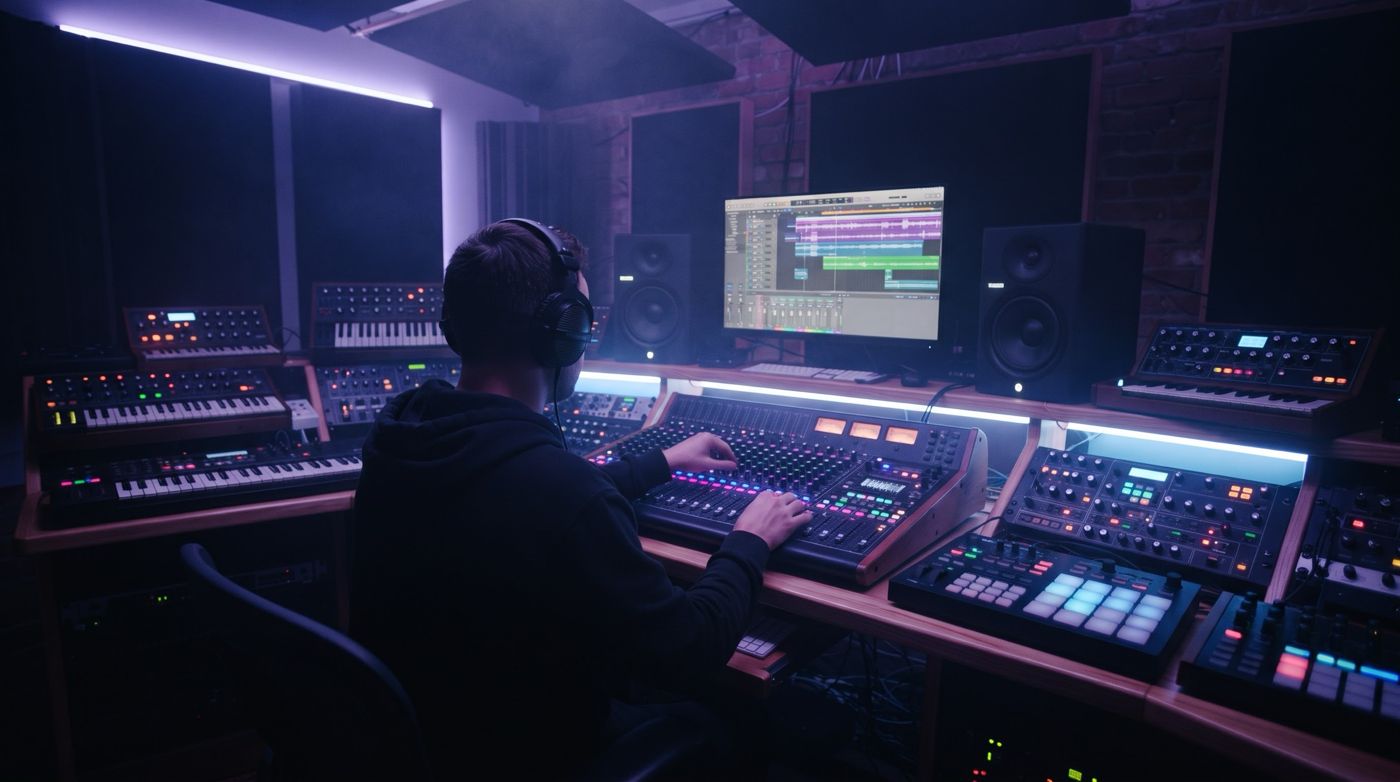 ANFAPINTO music production studio with synthesizers, mixing console and monitors